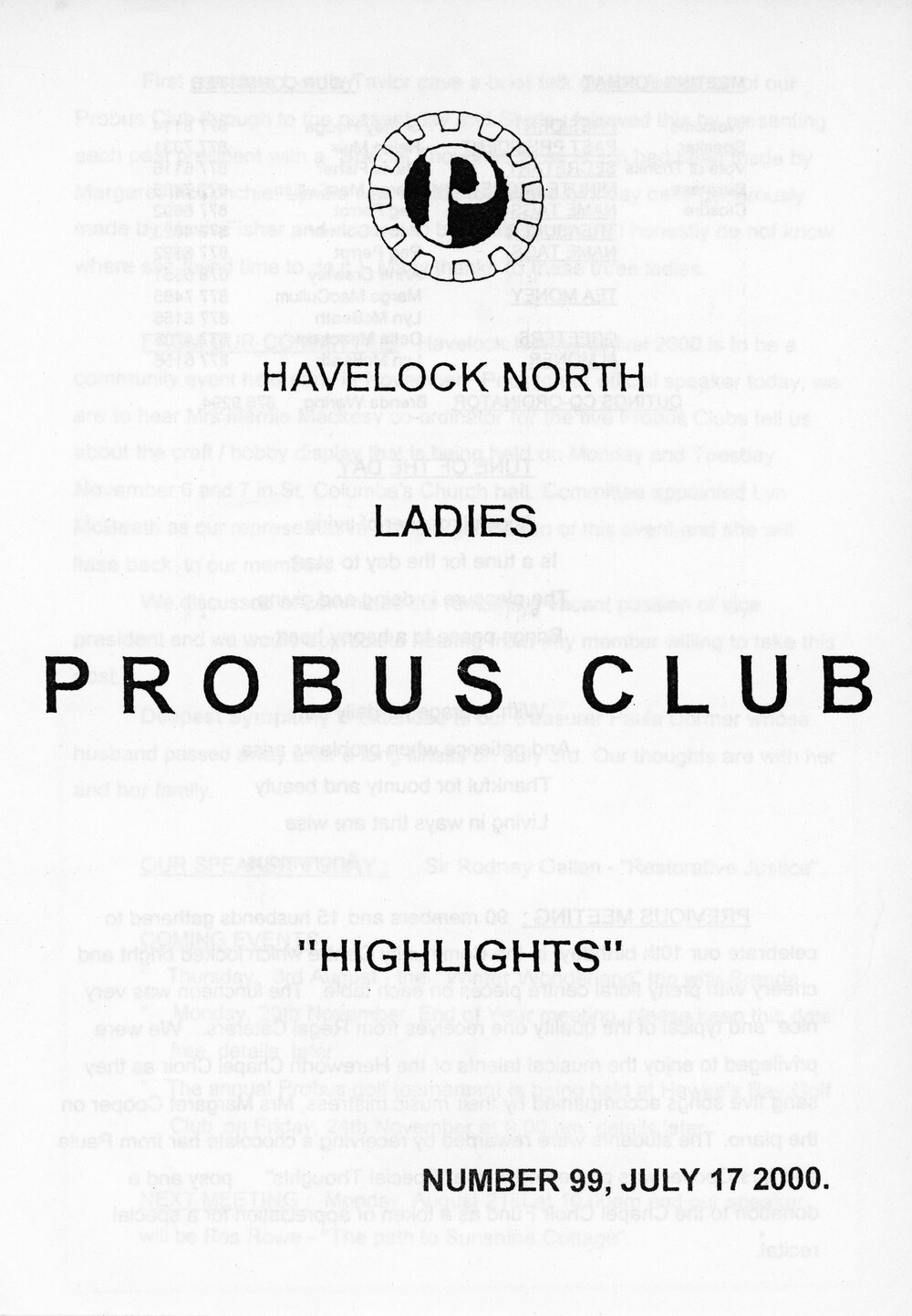 Ladies Probus Club of Havelock North "Highlights" Number 99. 17 July 2000