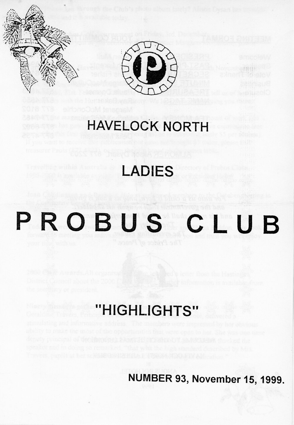 Ladies Probus Club of Havelock North "Highlights" Number  93. 15 November 1999