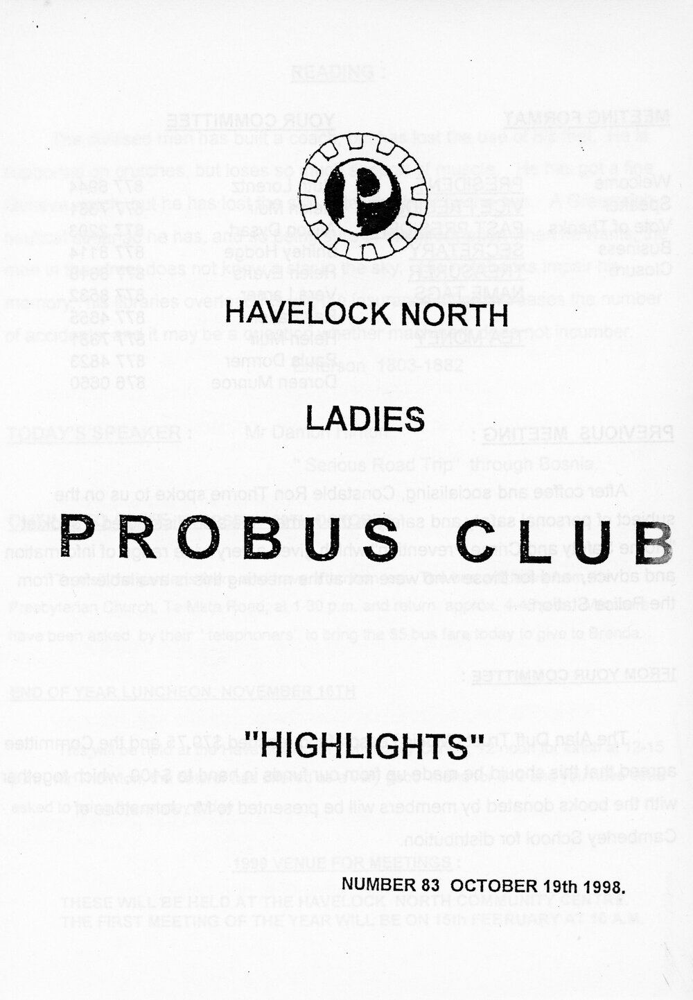 Ladies Probus Club of Havelock North "Highlights" Number 83. 19 October 1998
