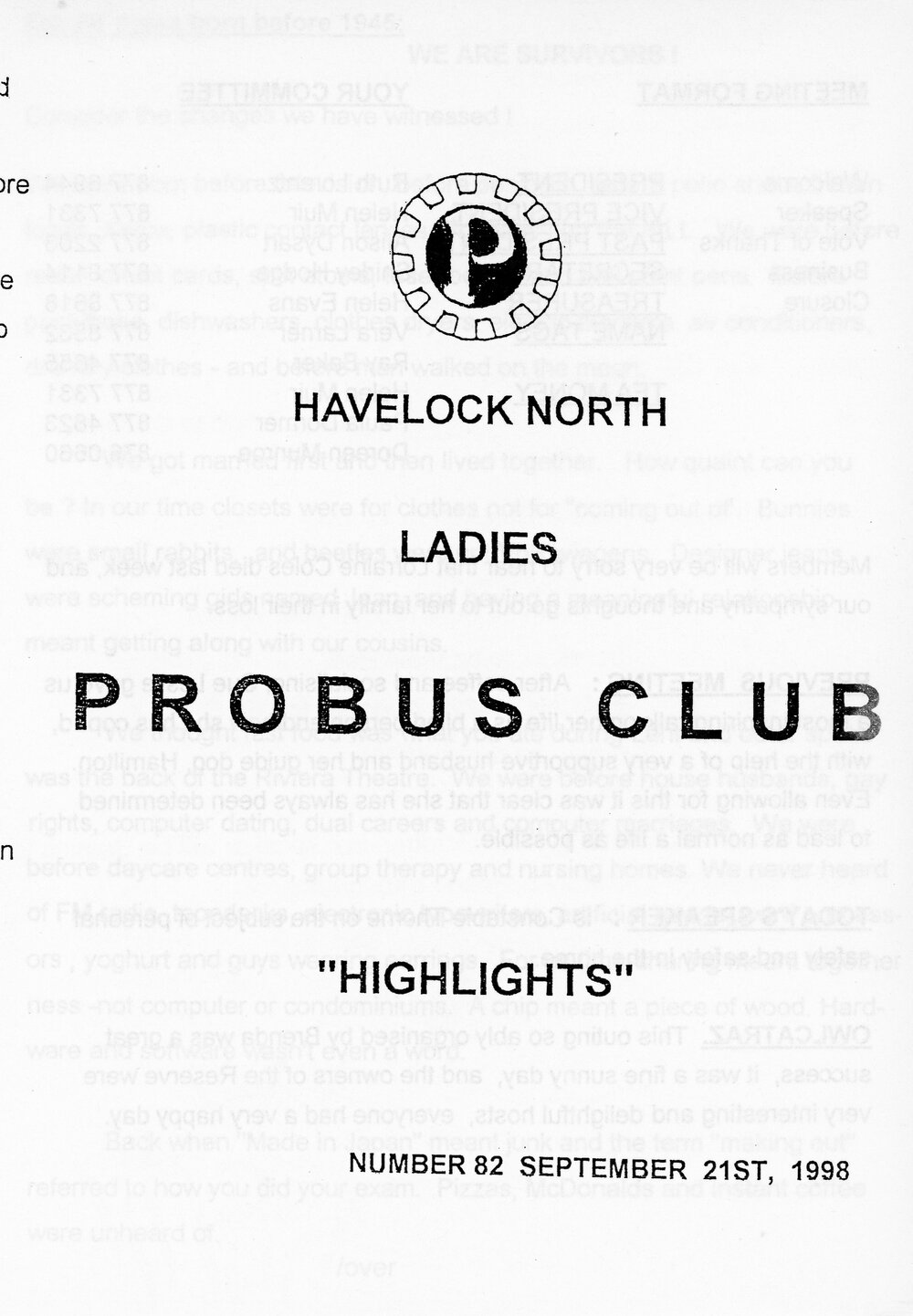 Ladies Probus Club of Havelock North "Highlights" Number 82. 21 September 1998