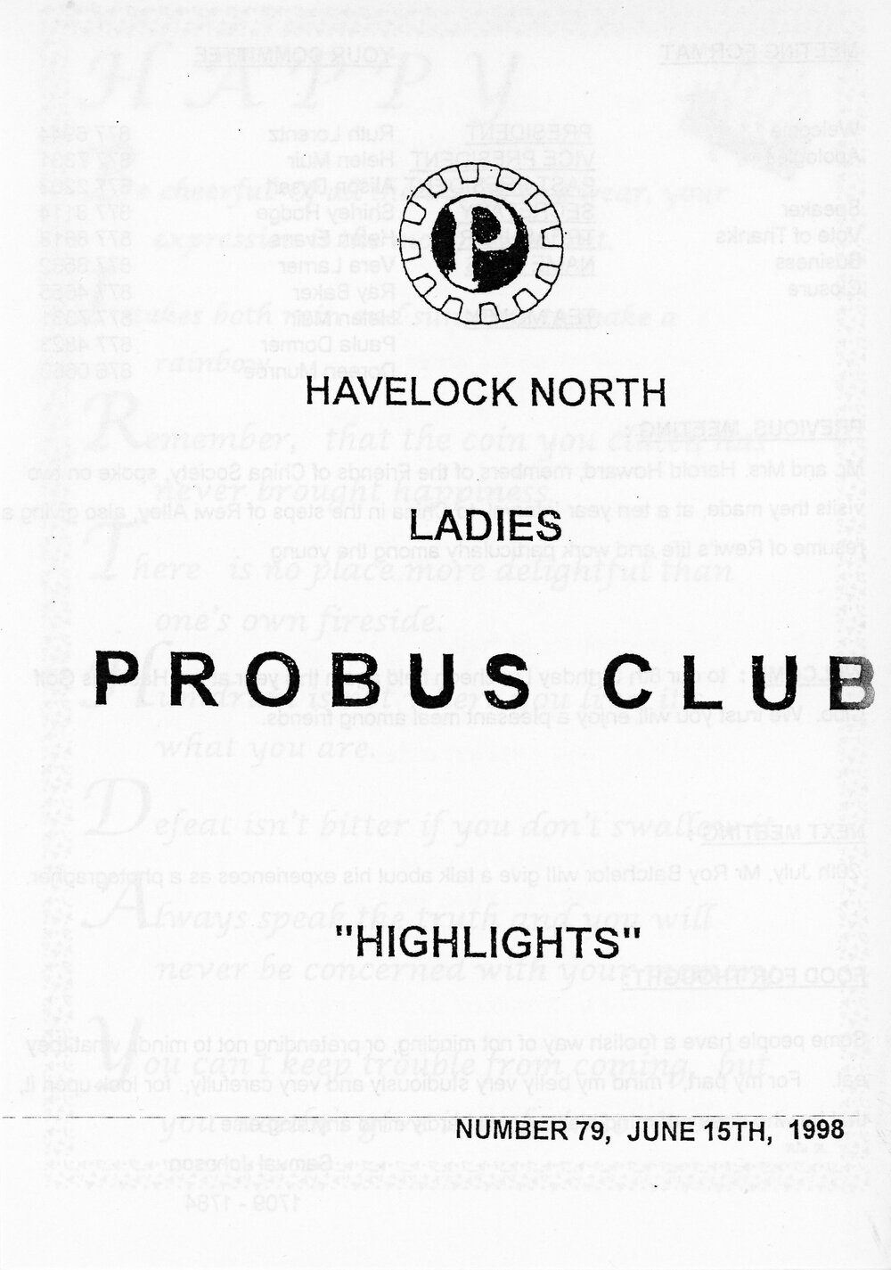 Ladies Probus Club of Havelock North "Highlights" Number 79. 15 June 1998