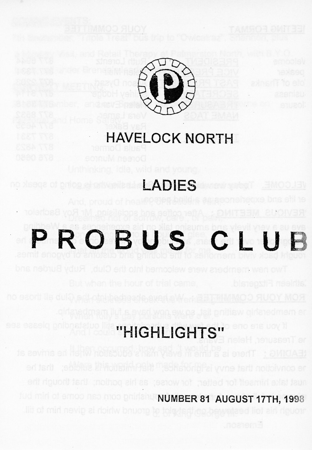 Ladies Probus Club of Havelock North "Highlights" Number 81. 17 August 1998