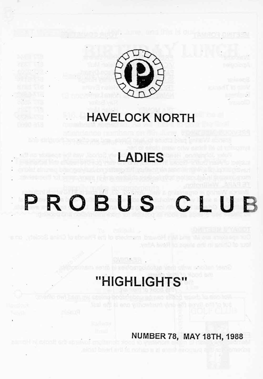 Ladies Probus Club of Havelock North "Highlights" Number 78. 18 May 1998