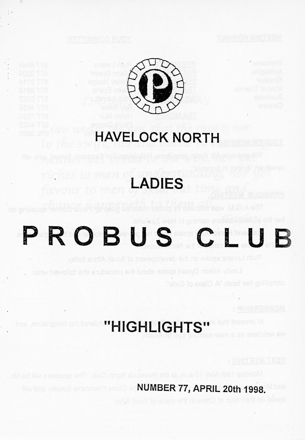 Ladies Probus Club of Havelock North "Highlights" Number 77. 20 April 1998