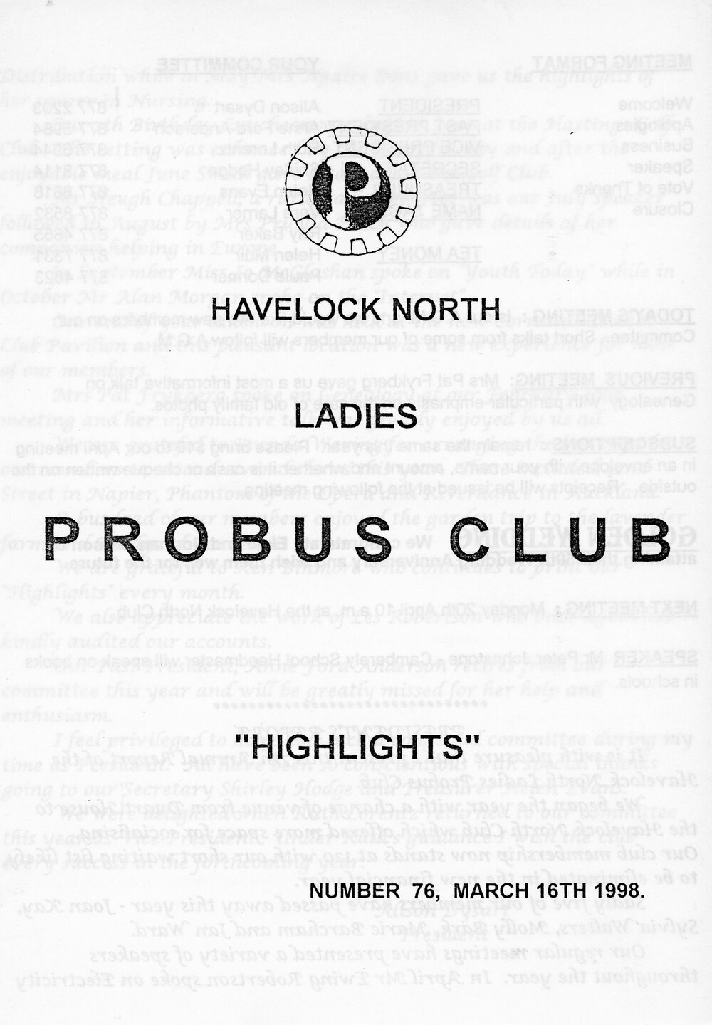 Ladies Probus Club of Havelock North "Highlights" Number 76. 16 March 1998