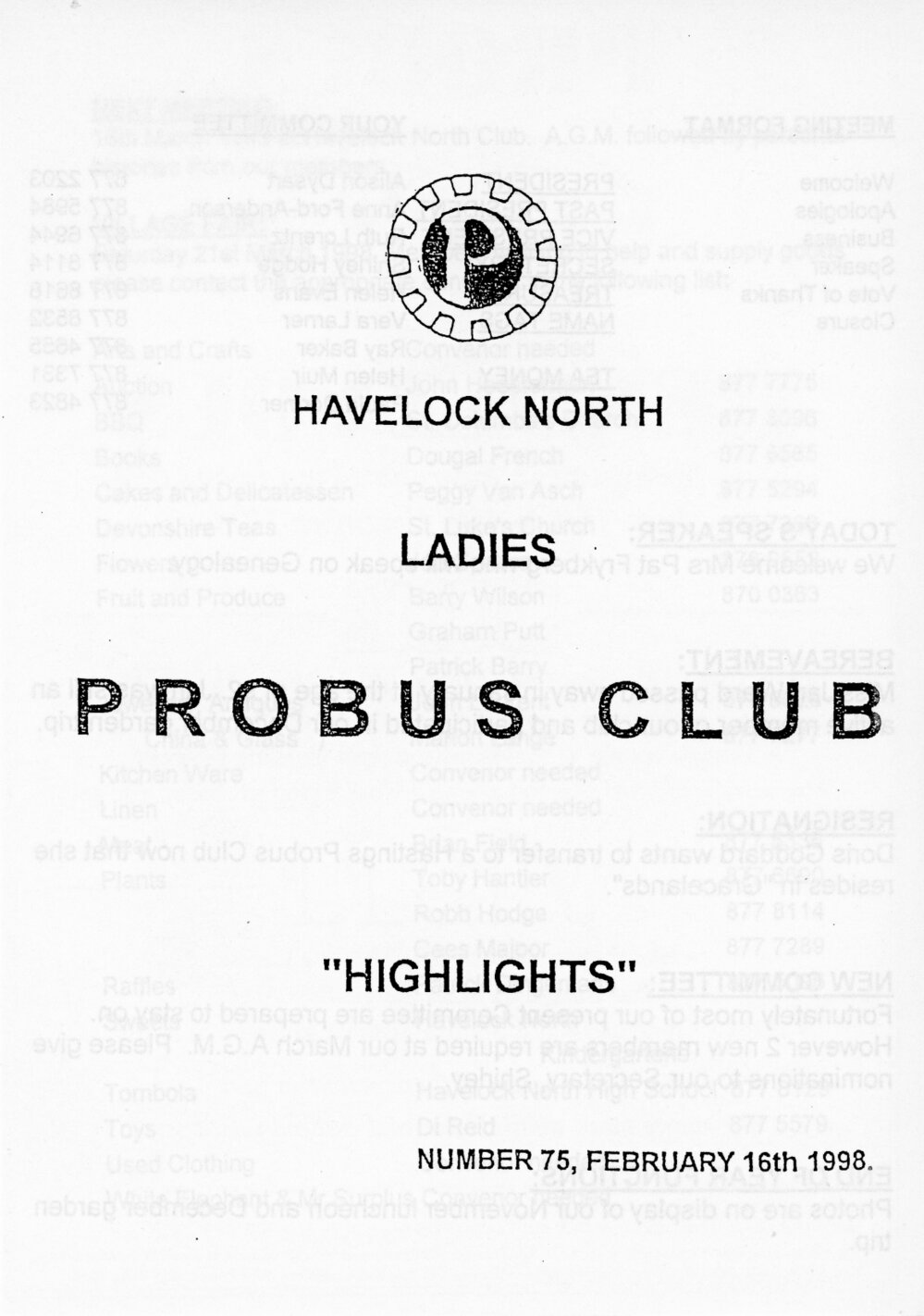 Ladies Probus Club of Havelock North "Highlights" Number 75. 16 February 1998
