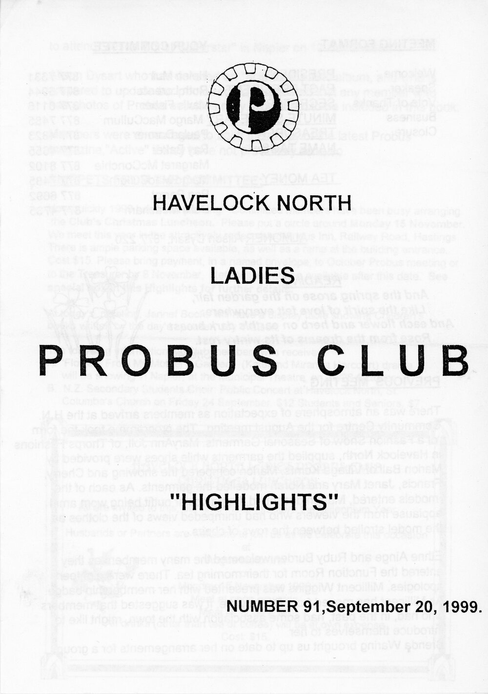 Ladies Probus Club of Havelock North "Highlights" Number 91. 20 September 1999