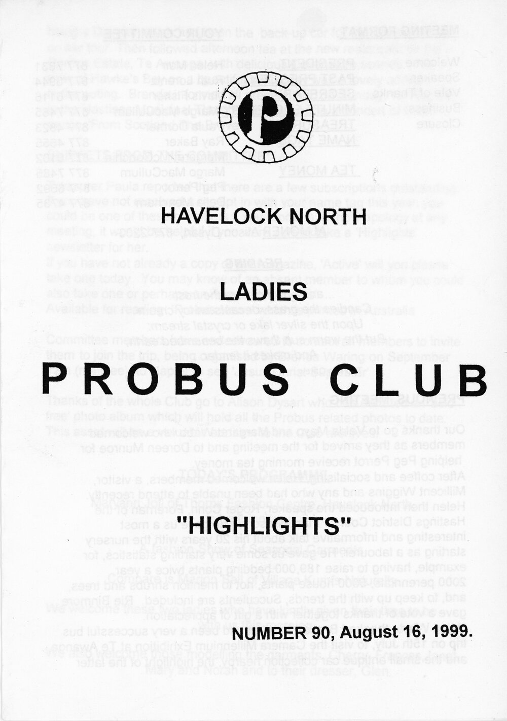 Ladies Probus Club of Havelock North "Highlights" Number 90. 16 August 1999