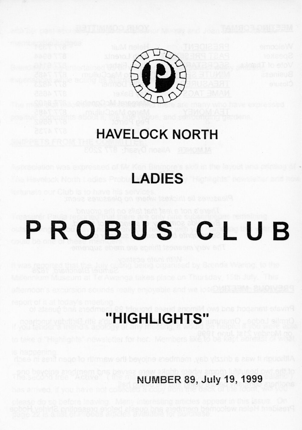 Ladies Probus Club of Havelock North "Highlights" Number 89. 19 July 1999