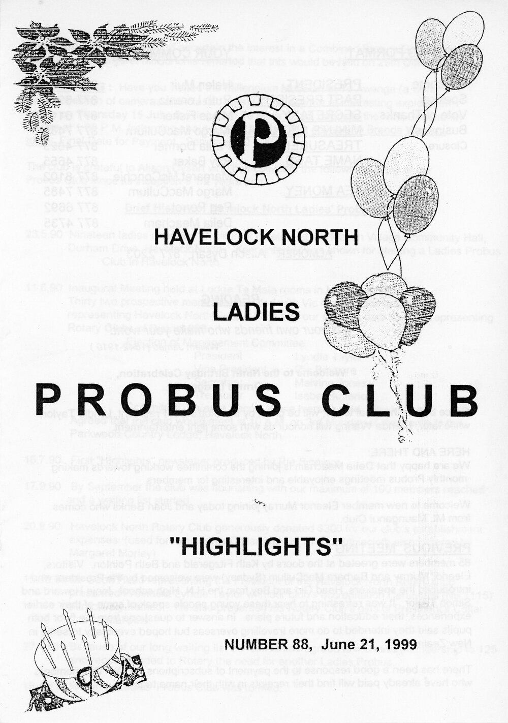 Ladies Probus Club of Havelock North "Highlights" Number 88. 21 June 1999