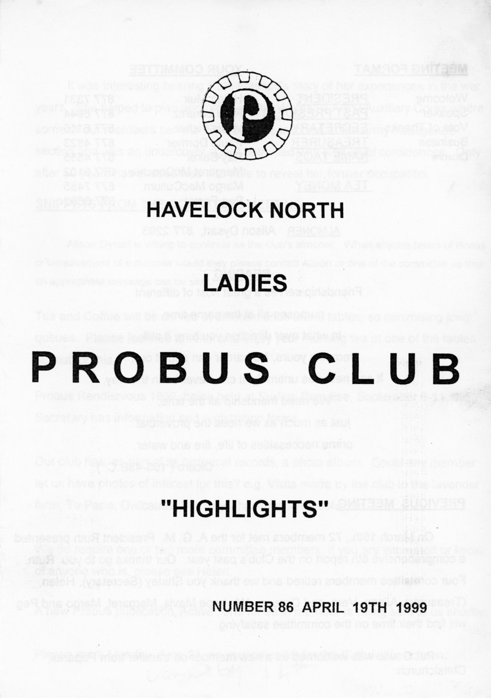 Ladies Probus Club of Havelock North "Highlights" Number 86. 19 April 1999