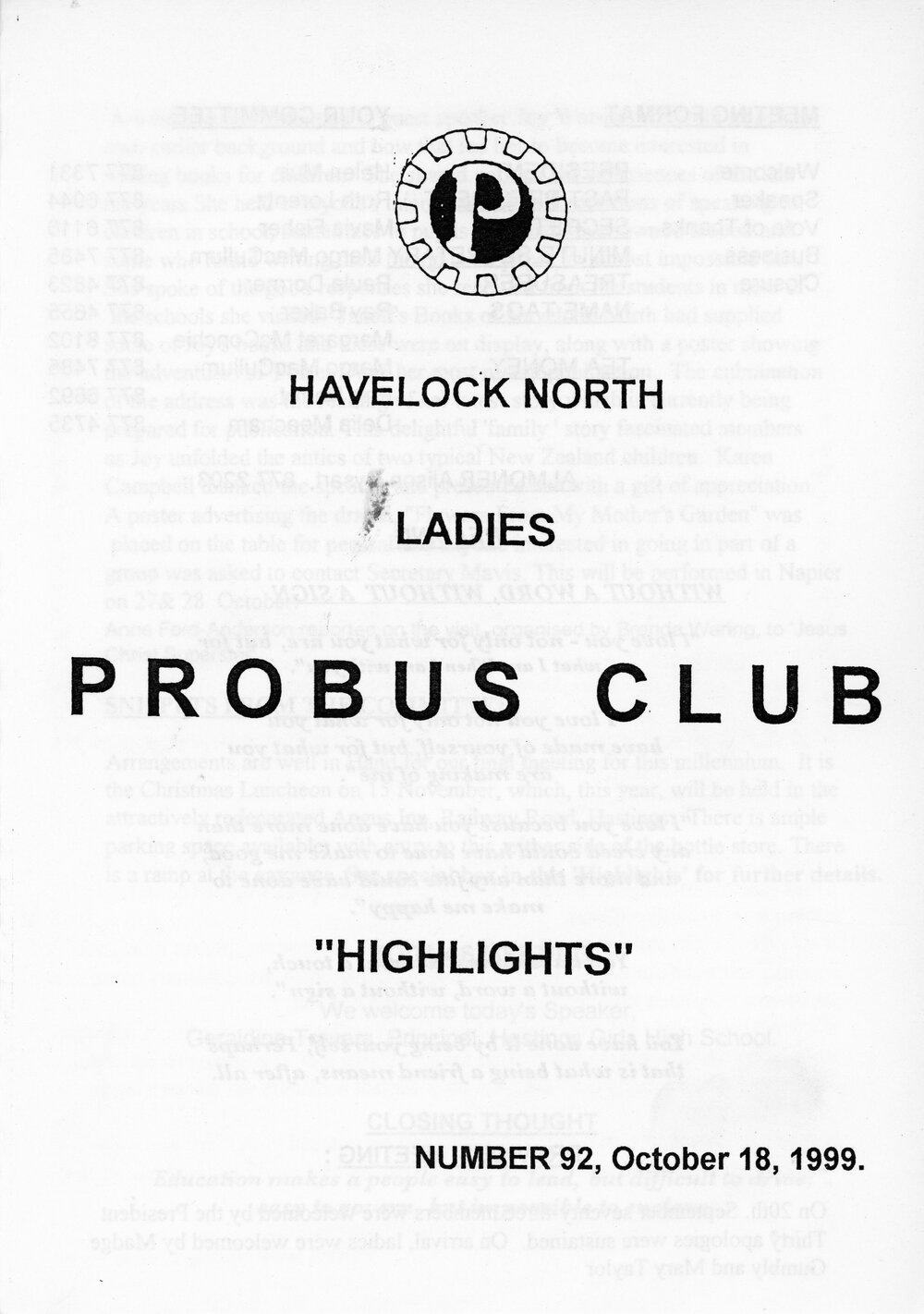 Ladies Probus Club of Havelock North "Highlights" Number 92. 18 October 1999