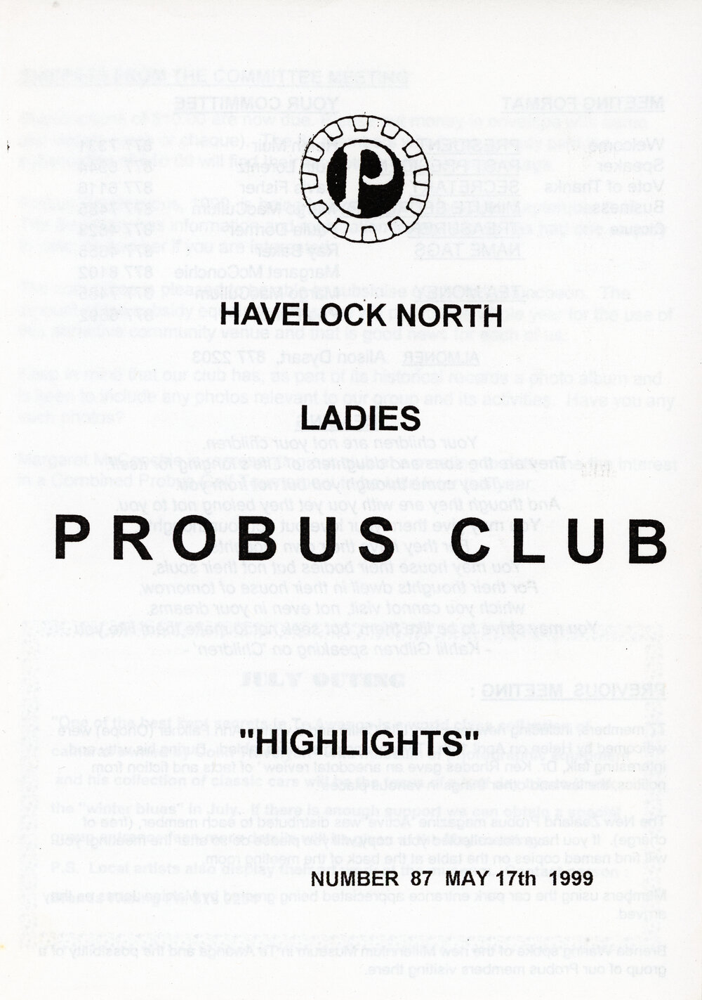 Ladies Probus Club of Havelock North "Highlights" Number 87. 17 May 1999