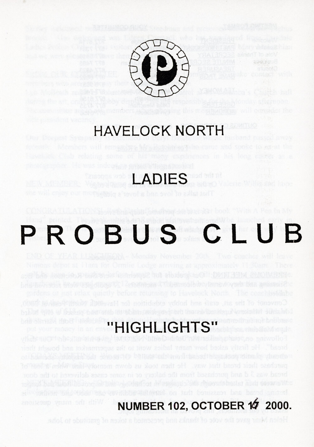 Ladies Probus Club of Havelock North "Highlights" Number 102. 17 October 2000