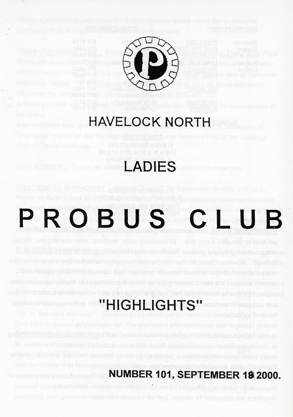 Ladies Probus Club of Havelock North "Highlights" Number 101. 19 September 2000