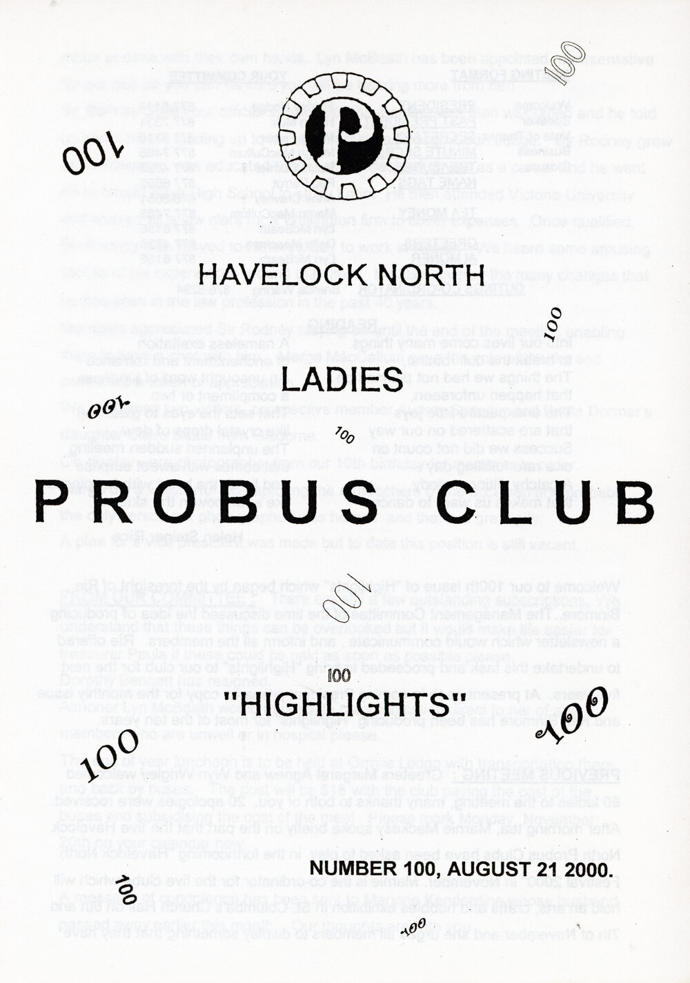 Ladies Probus Club of Havelock North "Highlights" Number 100. 21 August 2000