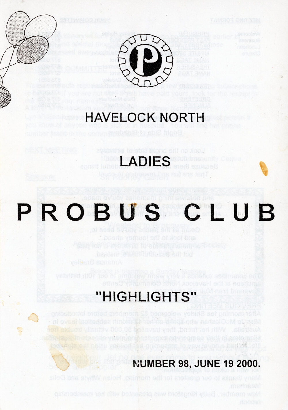 Ladies Probus Club of Havelock North "Highlights" Number 98. 19 June 2000