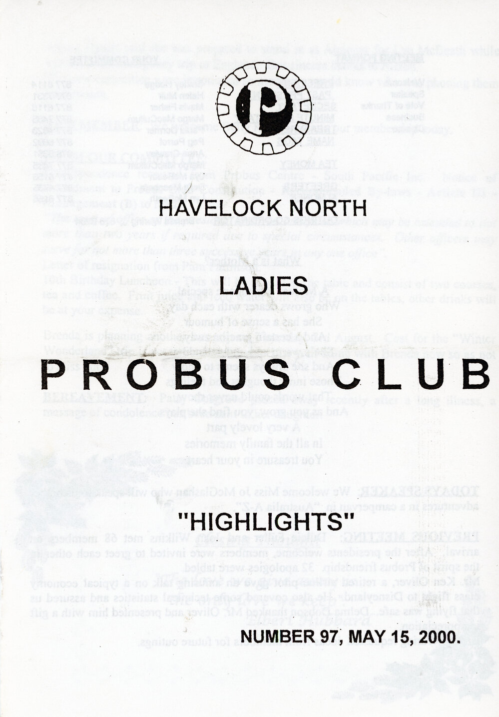 Ladies Probus Club of Havelock North "Highlights" Number 97. 15 May 2000