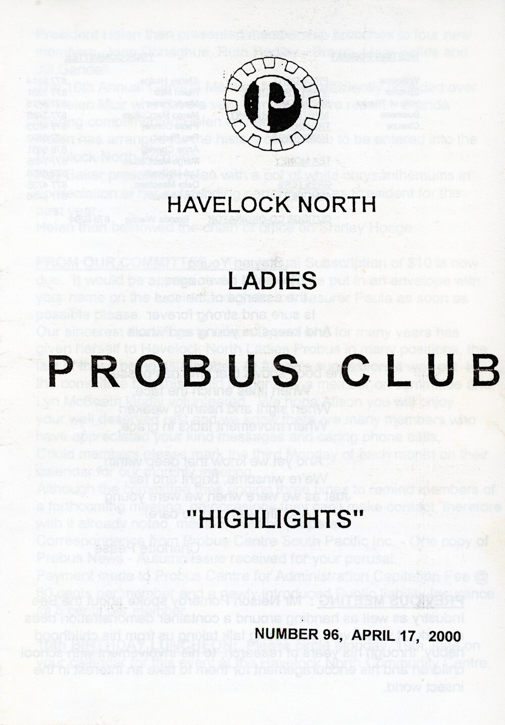 Ladies Probus Club of Havelock North "Highlights" Number 96. 17 April 2000