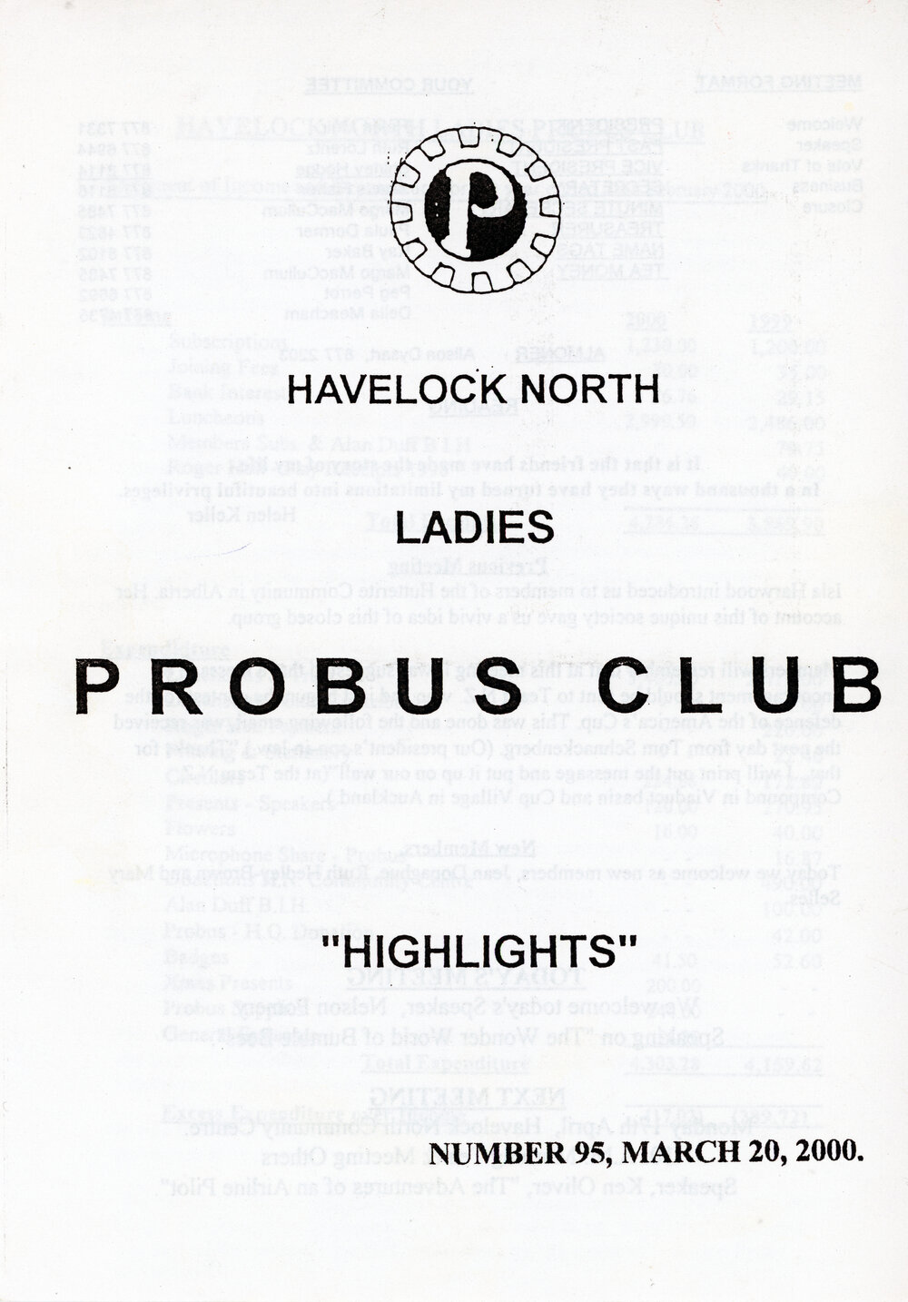 Ladies Probus Club of Havelock North "Highlights" Number 95. 20 March 2000