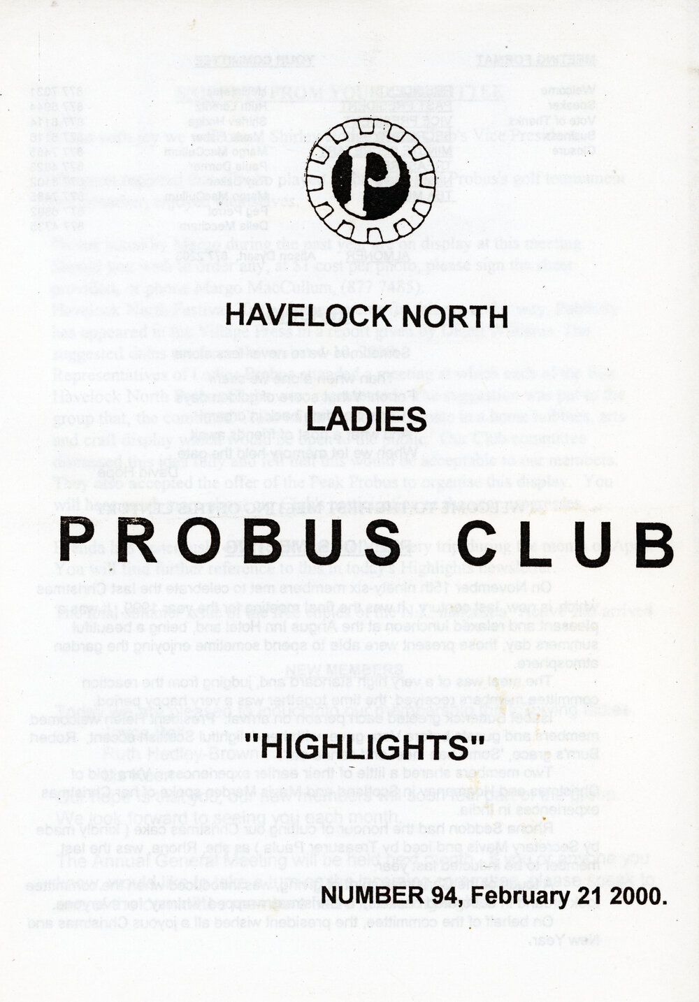Ladies Probus Club of Havelock North "Highlights" Number 94. 21 February 2000