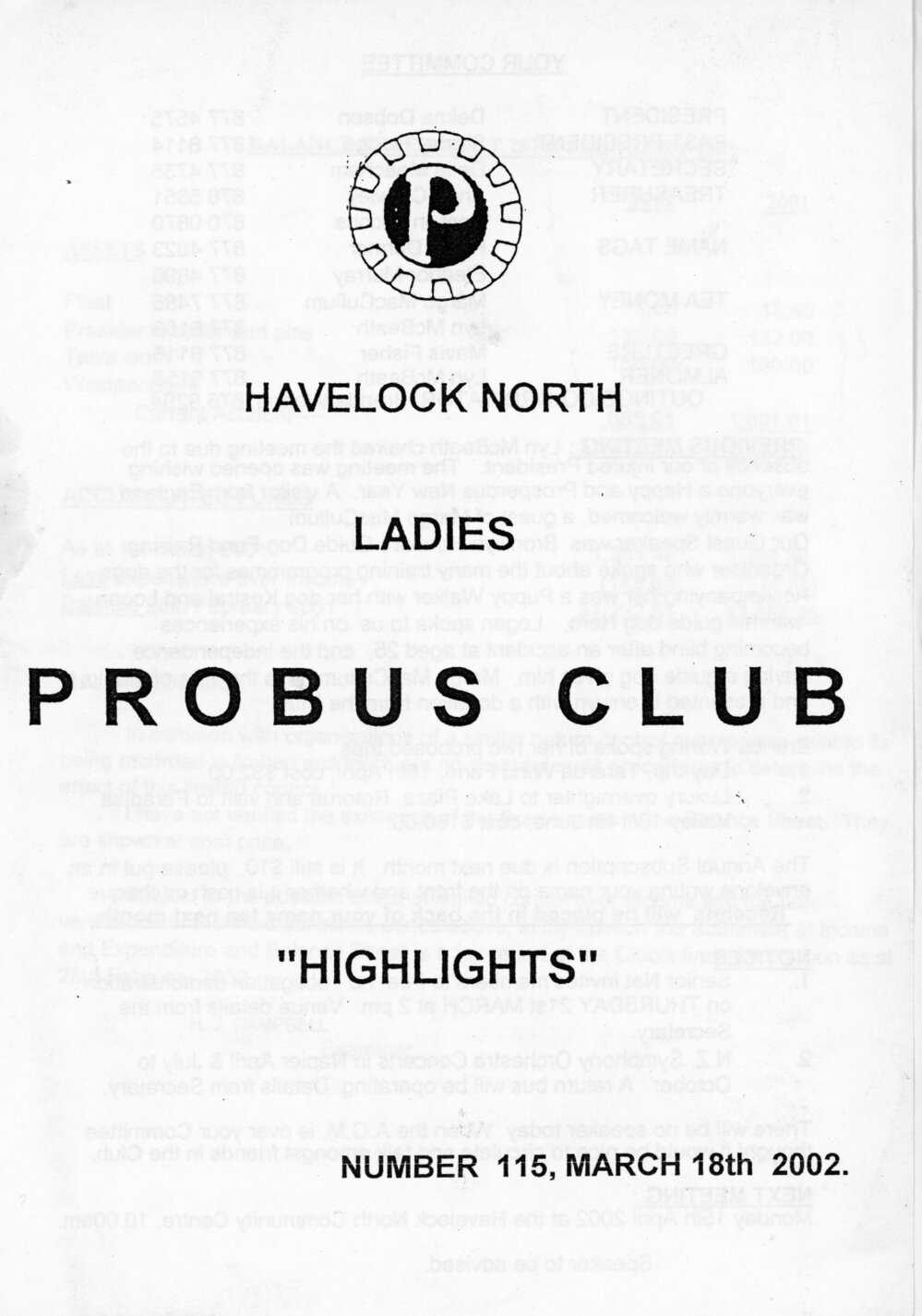 Ladies Probus Club of Havelock North "Highlights" Number 115. 18 March 2002
