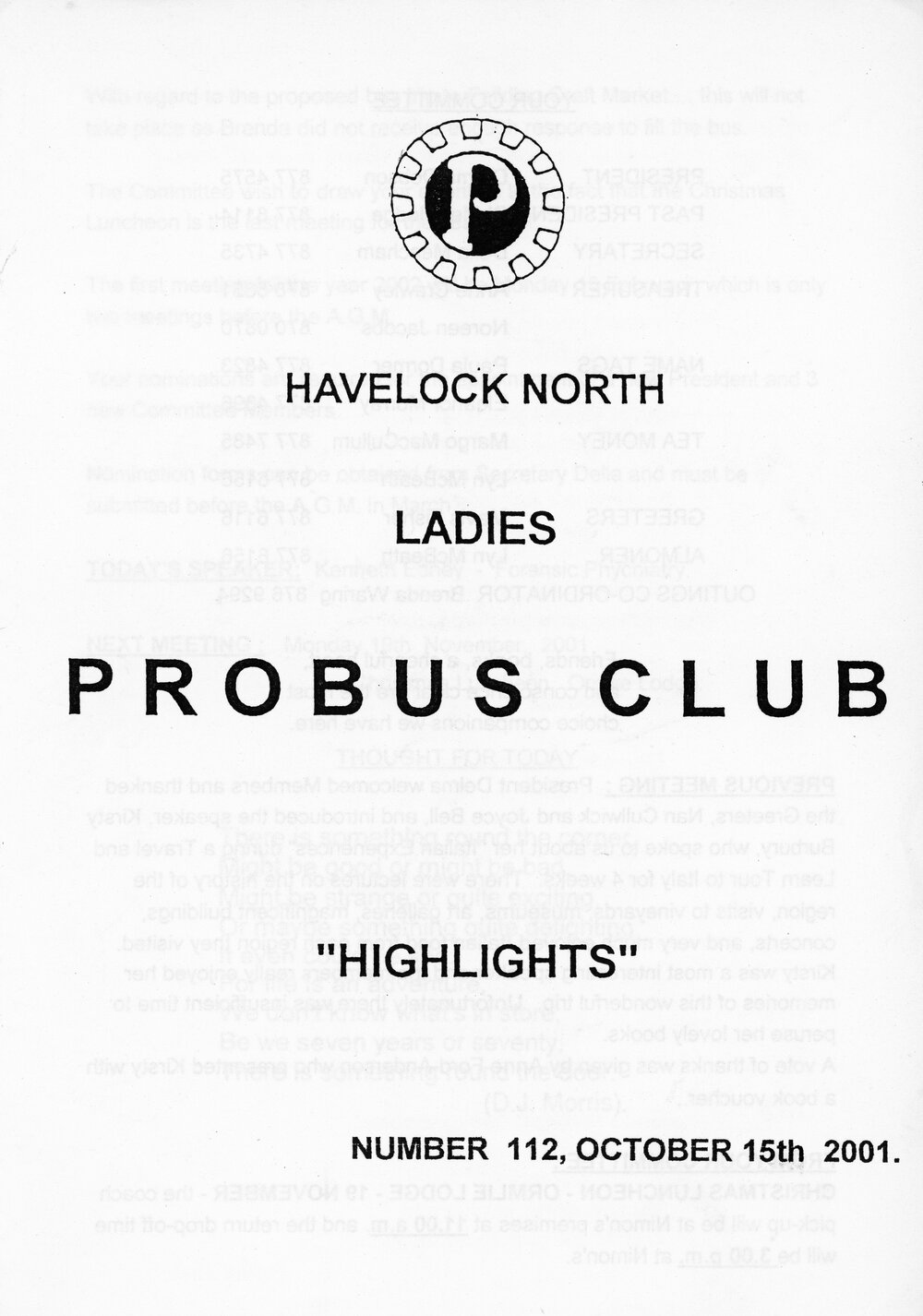 Ladies Probus Club of Havelock North "Highlights" Number 112. 15 October 2001