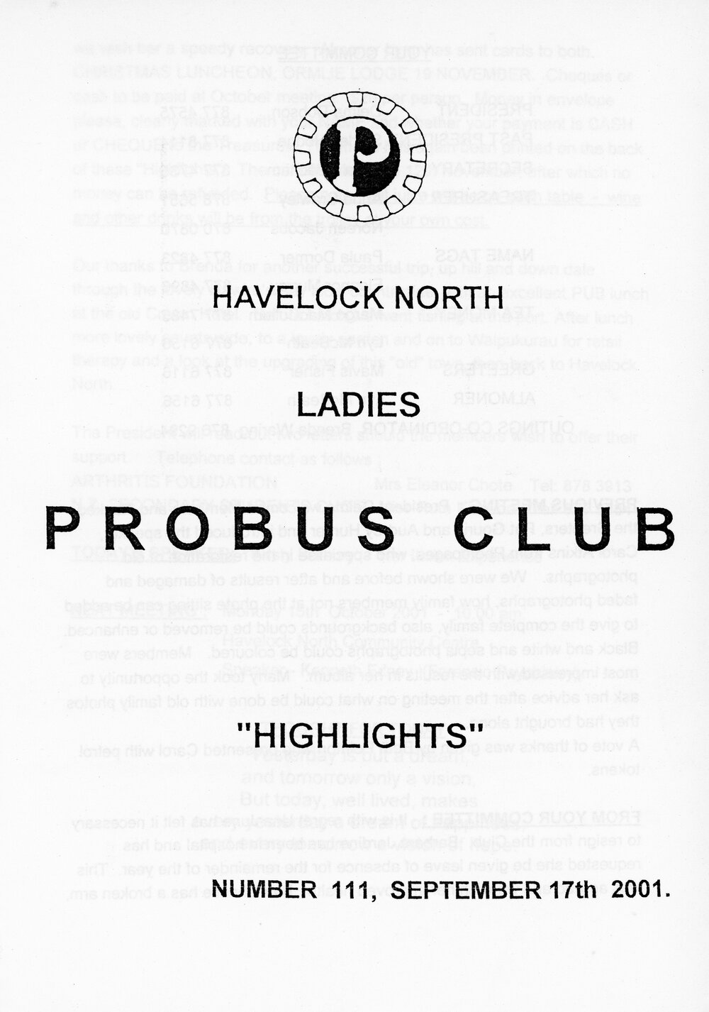 Ladies Probus Club of Havelock North "Highlights" Number 111. 17 September 2001