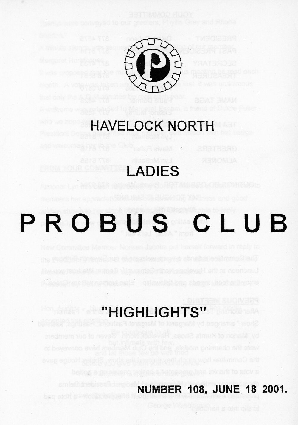 Ladies Probus Club of Havelock North "Highlights" Number 108. 18 June 2001