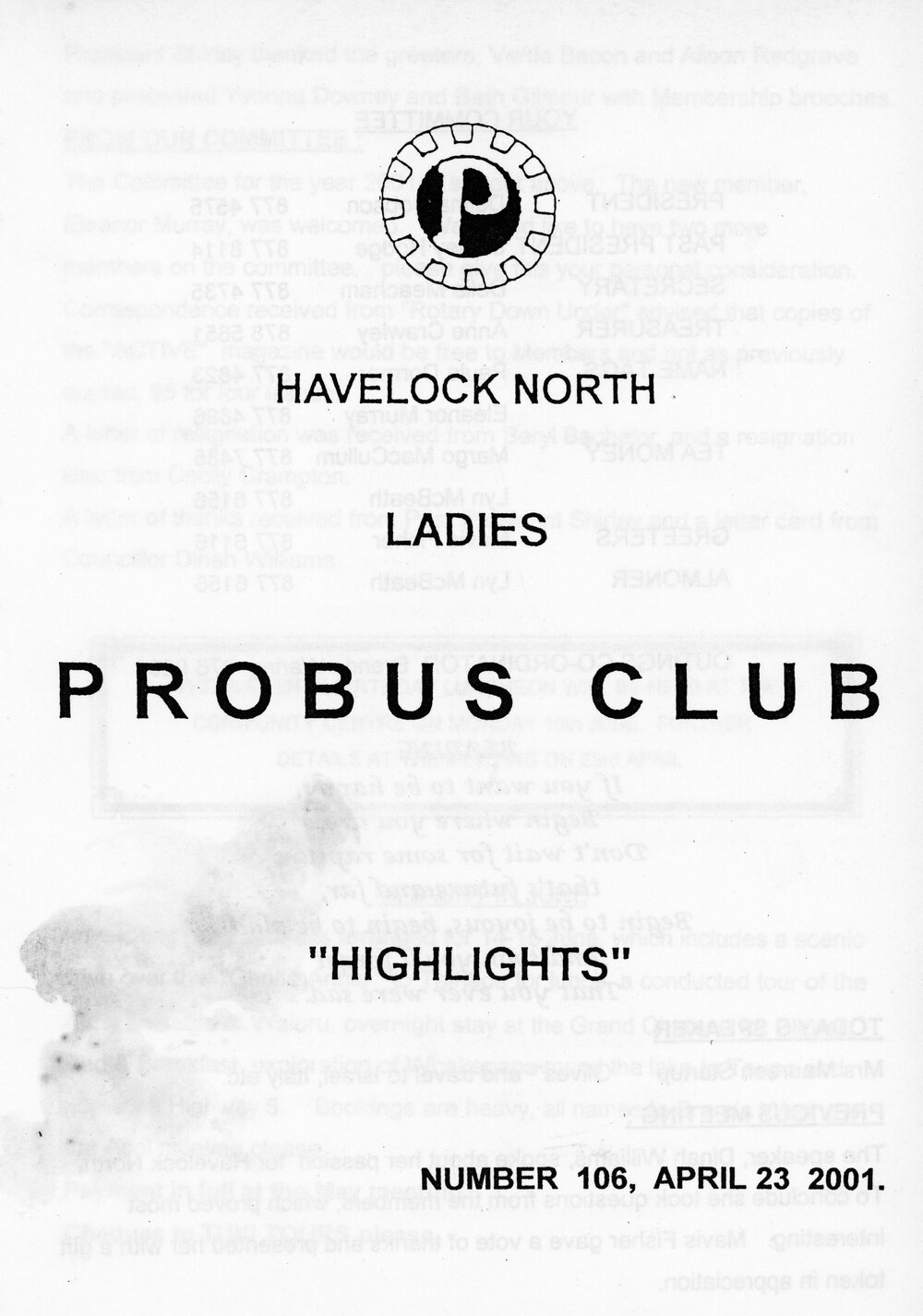 Ladies Probus Club of Havelock North "Highlights" Number 106. 23 April 2001