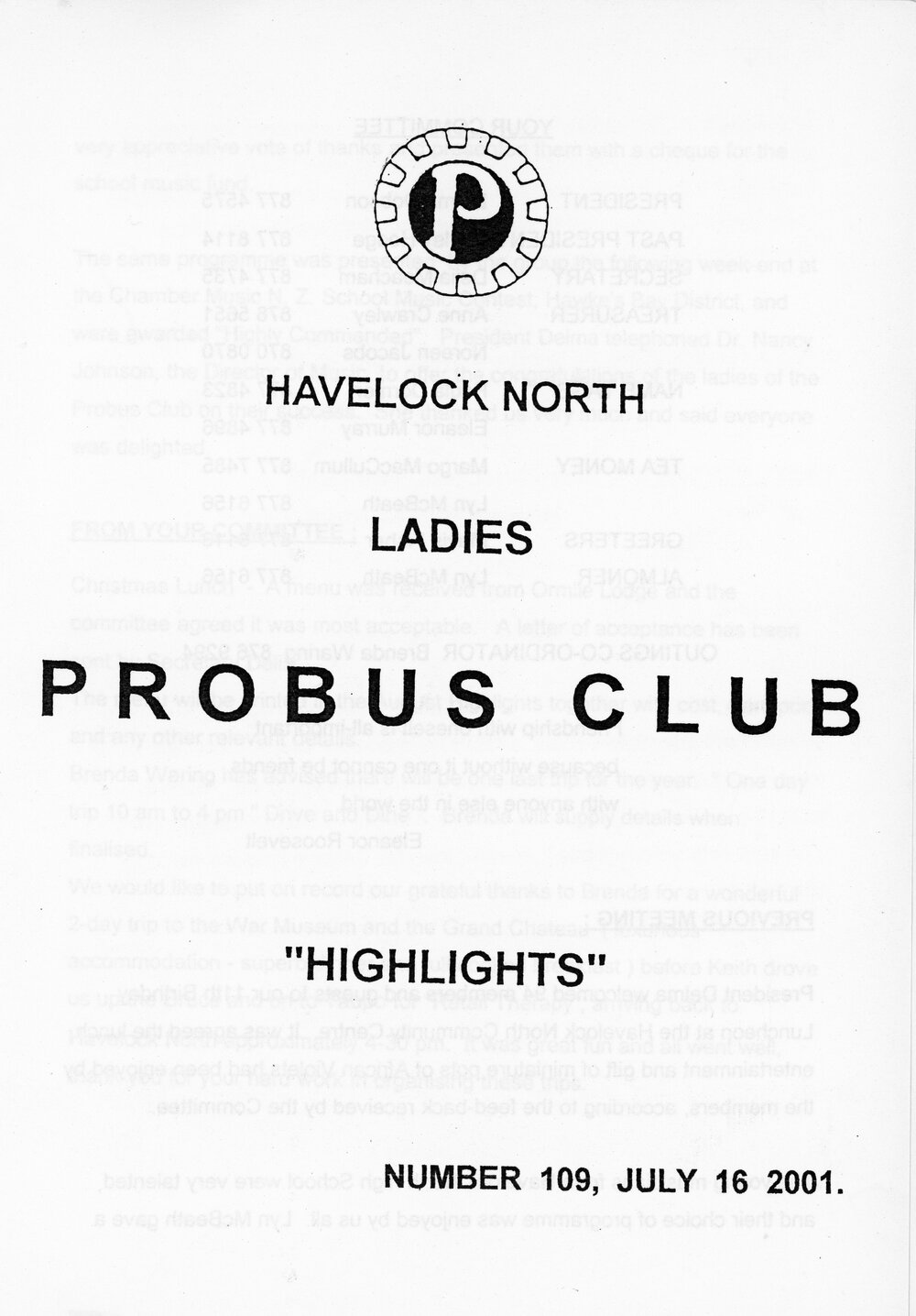 Ladies Probus Club of Havelock North "Highlights" Number 109. 16 July 2001
