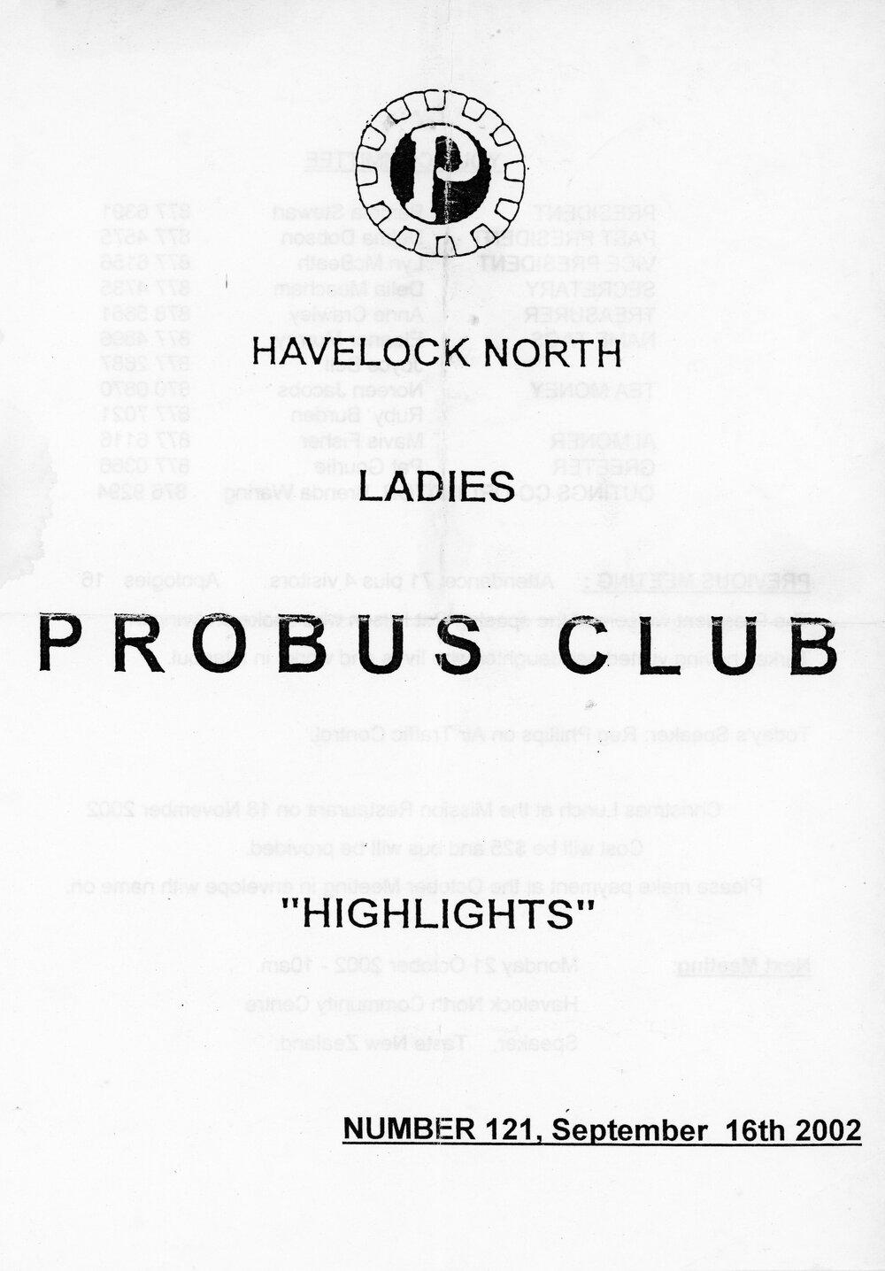 Ladies Probus Club of Havelock North "Highlights" Number 121. 16 September 2002
