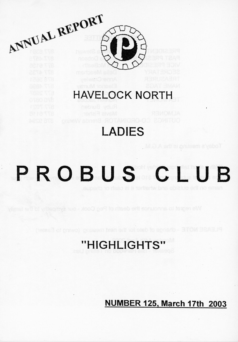 Ladies Probus Club of Havelock North "Highlights" Number 125. 17 March 2003