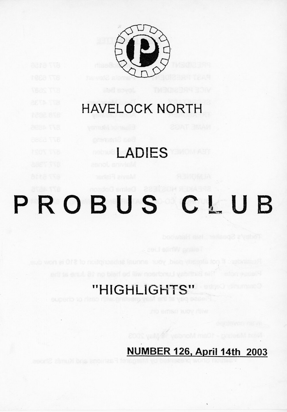 Ladies Probus Club of Havelock North "Highlights" Number 126. 14 April 2003