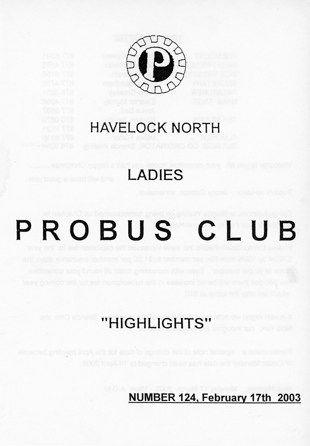 Ladies Probus Club of Havelock North "Highlights" Number 124. 17 February 2003