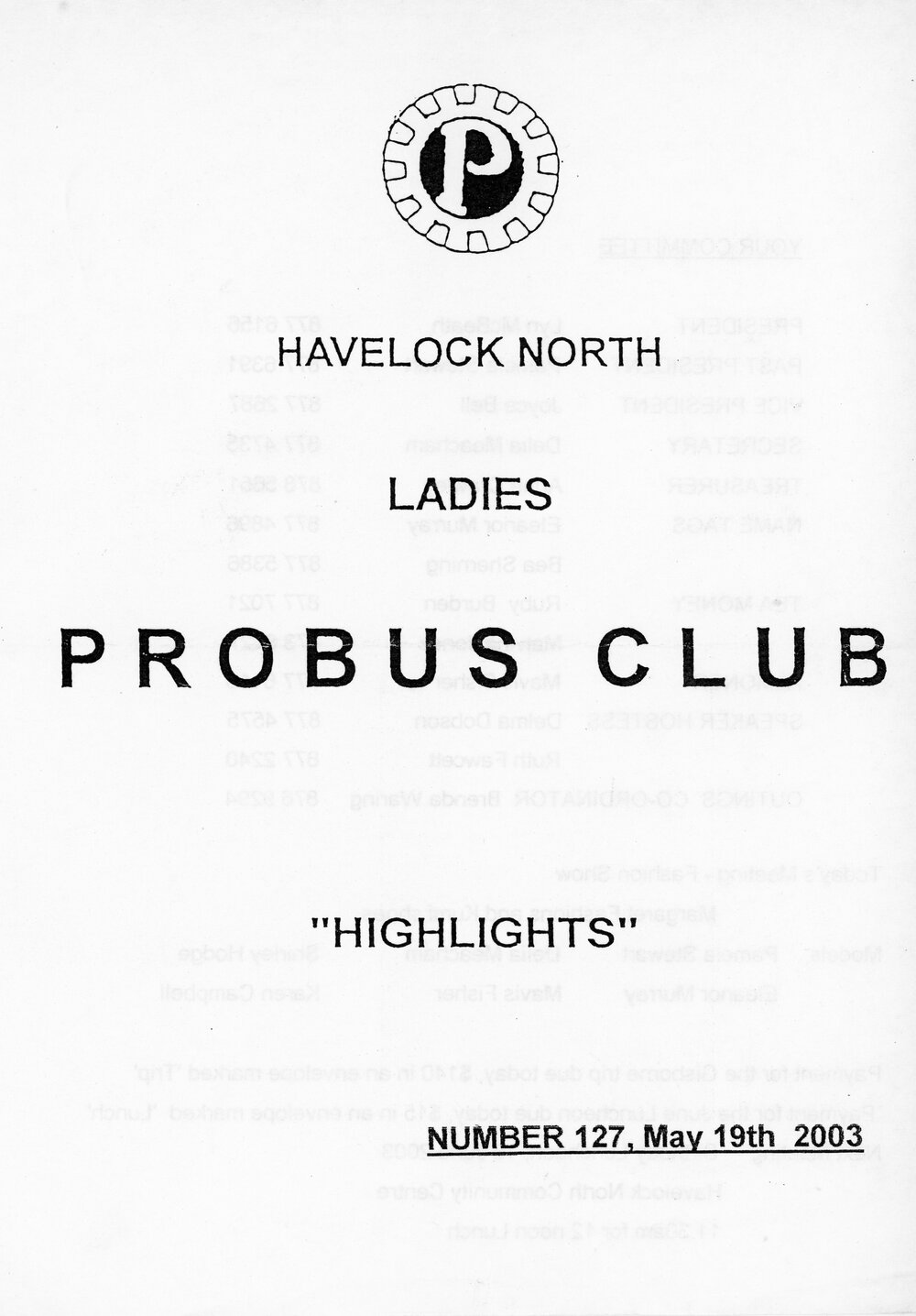 Ladies Probus Club of Havelock North "Highlights" Number 127. 19 May 2003