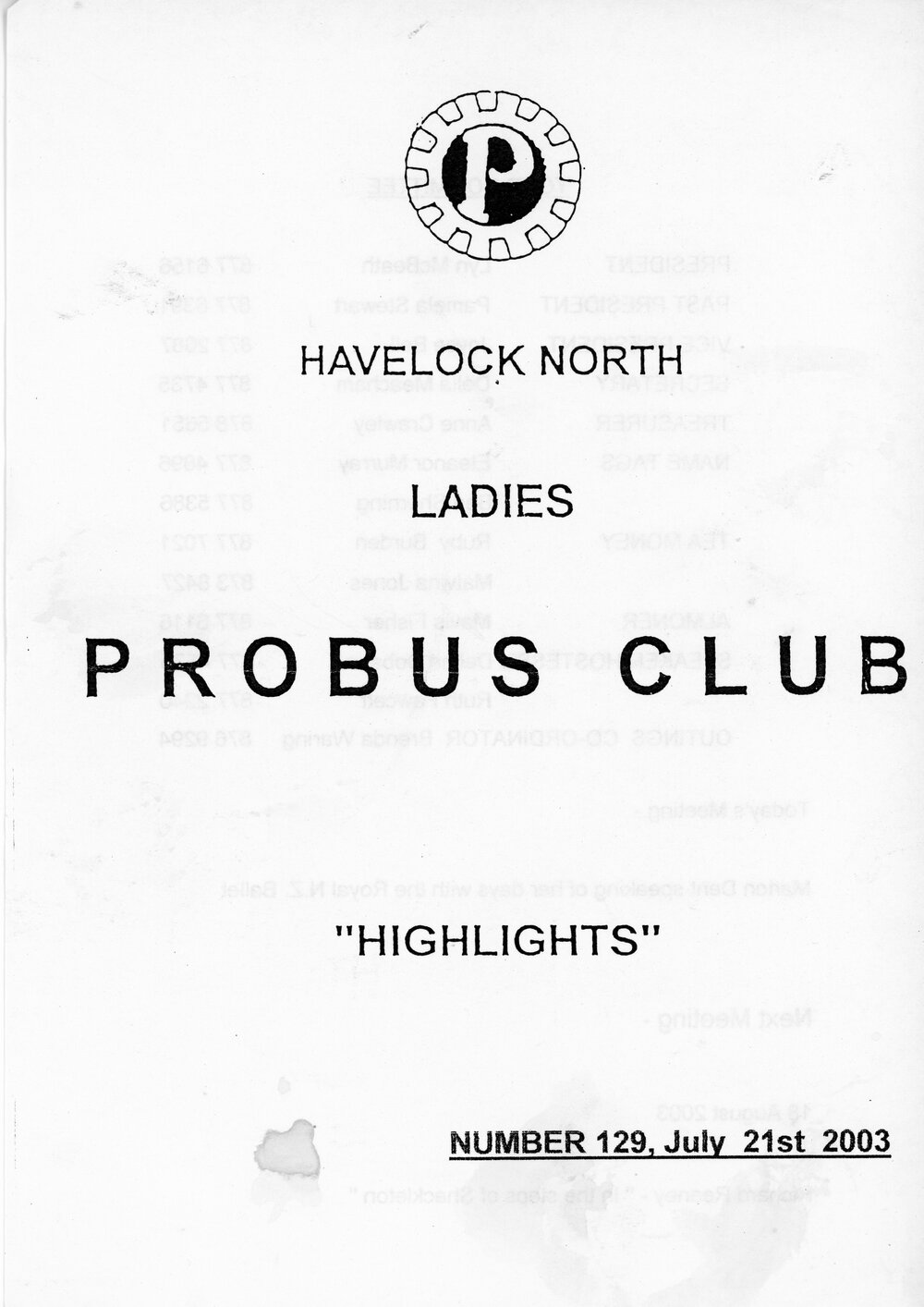 Ladies Probus Club of Havelock North "Highlights" Number 129. 21 July 2003
