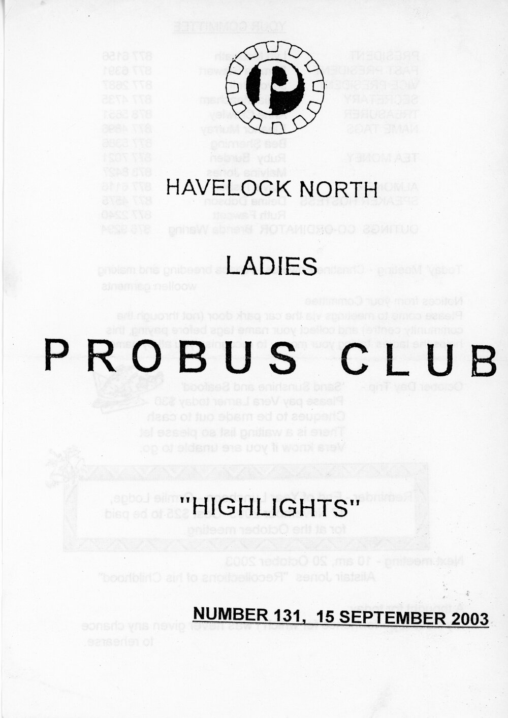 Ladies Probus Club of Havelock North "Highlights" Number 131. 15 September 2003