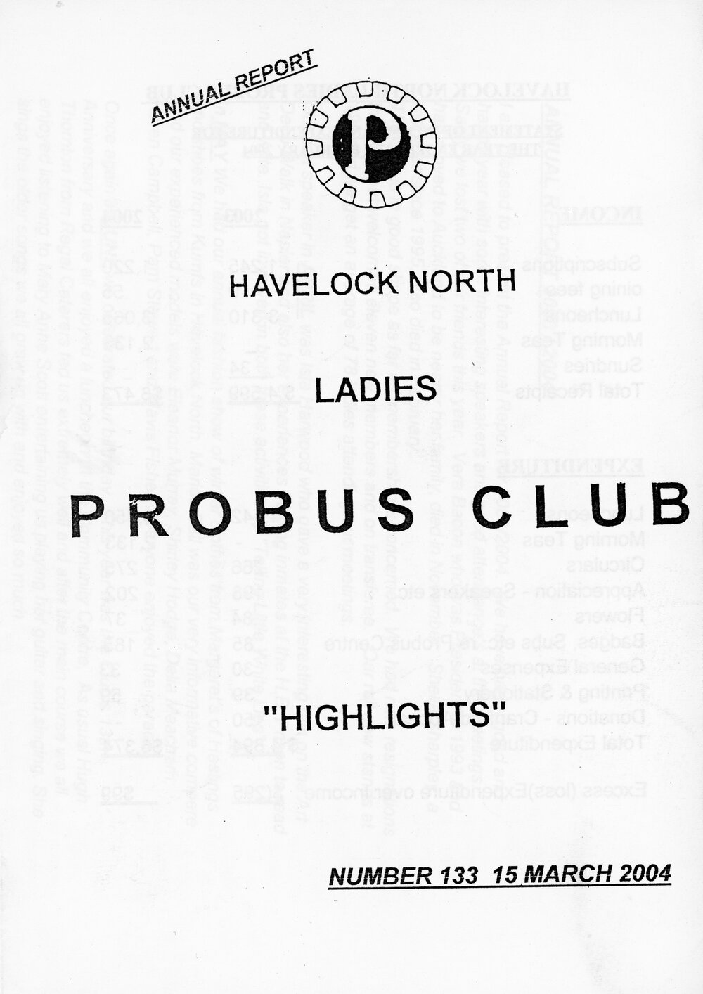 Ladies Probus Club of Havelock North "Highlights" Number 133. 15 March 2004