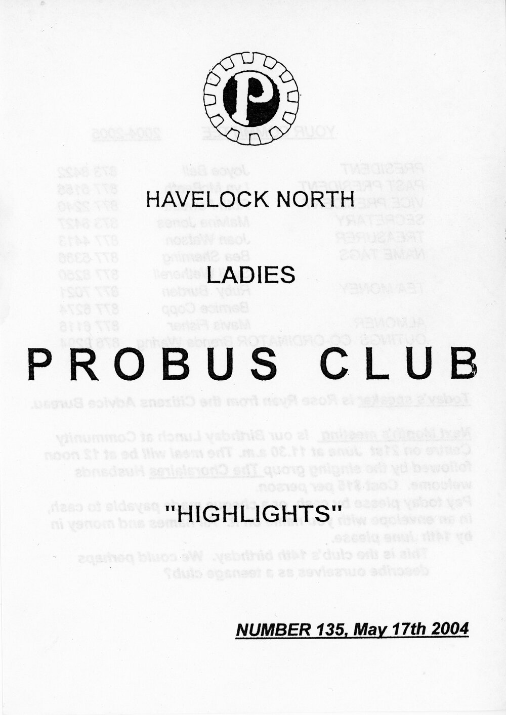 Ladies Probus Club of Havelock North "Highlights" Number 165. 17 May 2004