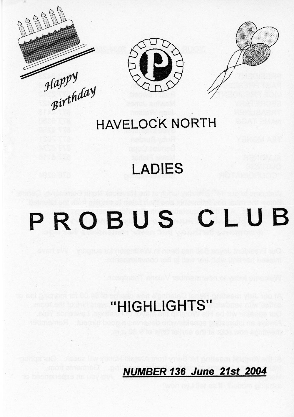 Ladies Probus Club of Havelock North "Highlights" Number 136. 21 June 2004