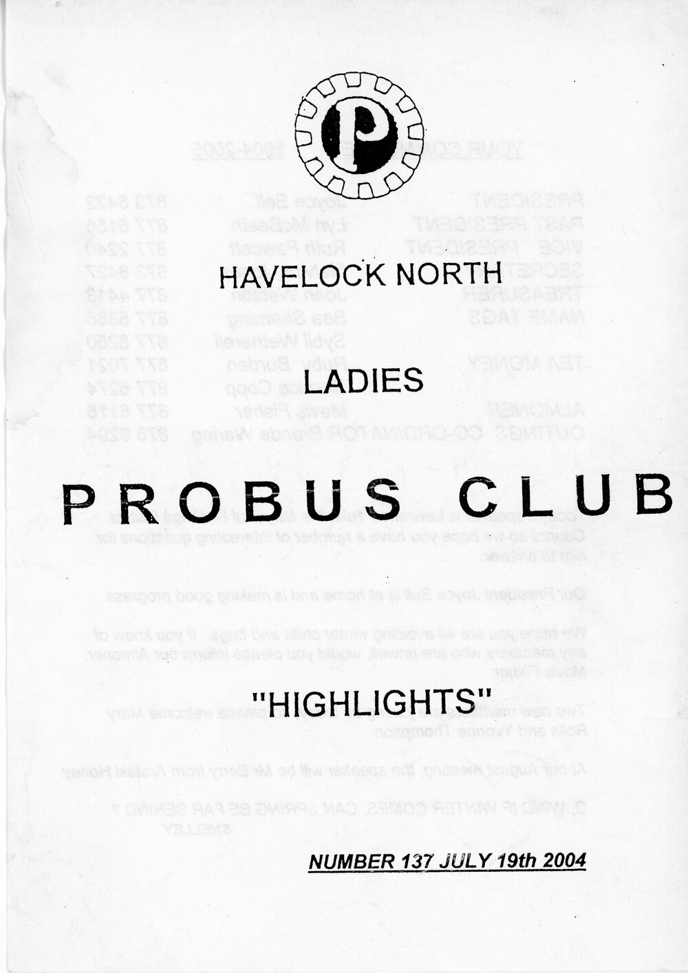 Ladies Probus Club of Havelock North "Highlights" Number 137. 19 July 2004