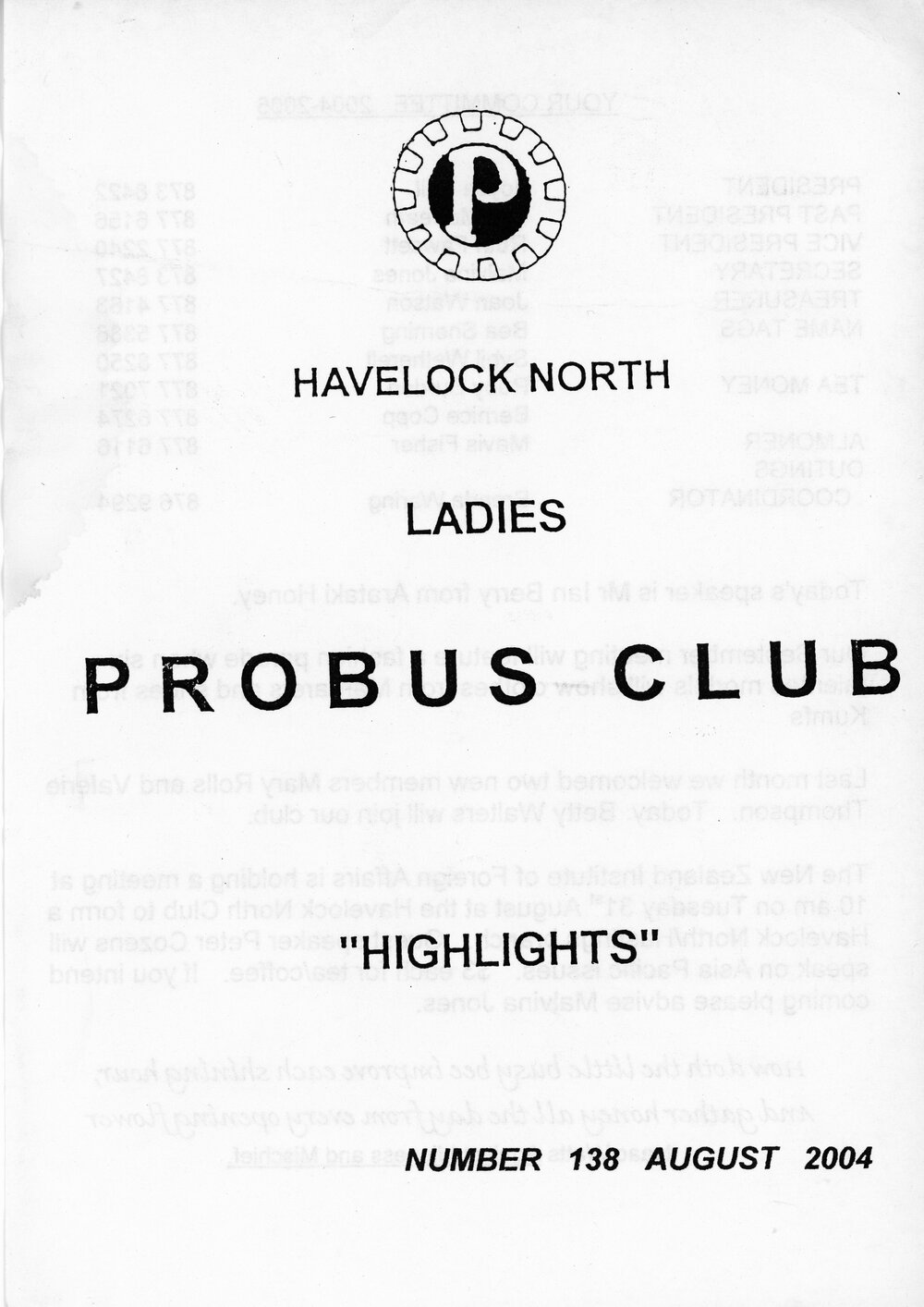 Ladies Probus Club of Havelock North "Highlights" Number 138. August 2004.