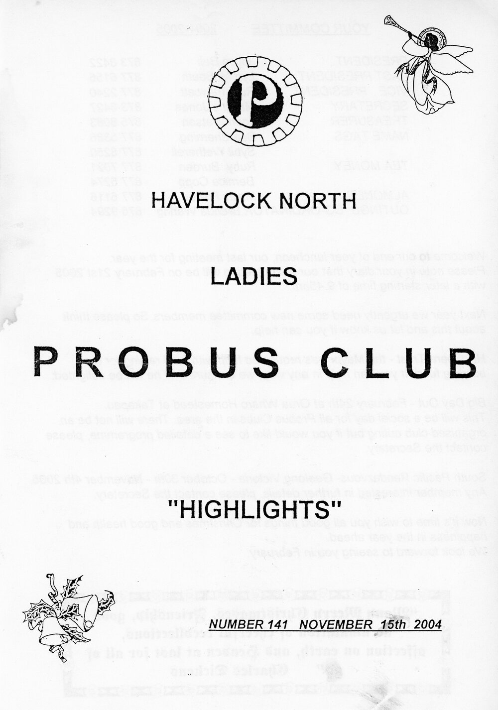 Ladies Probus Club of Havelock North "Highlights" Number 141. 15 November 2004