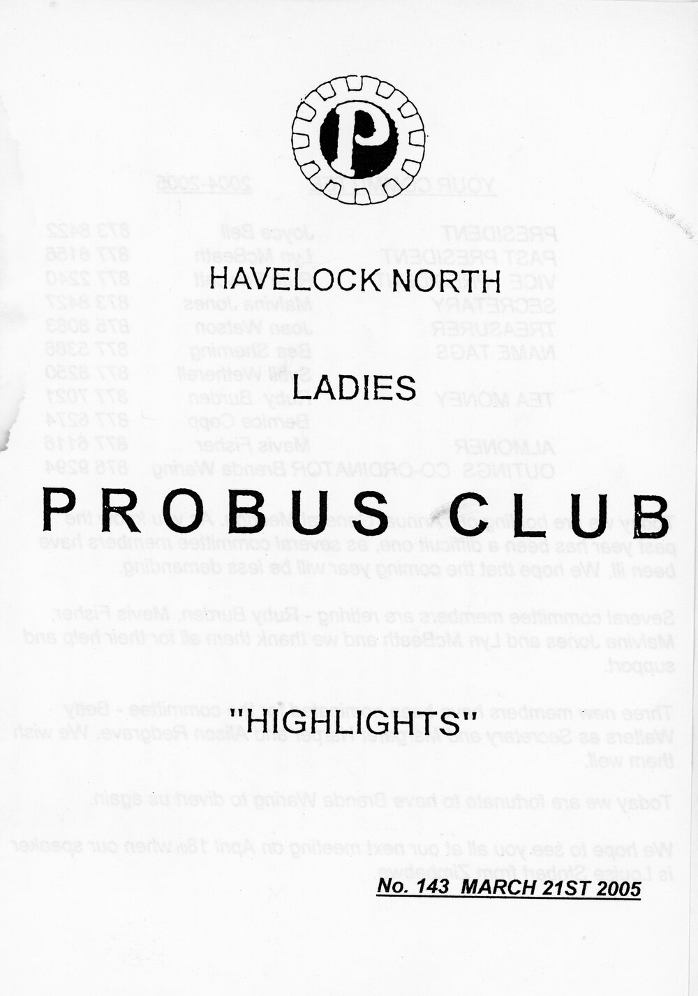 Ladies Probus Club of Havelock North "Highlights" Number 143. 21 March 2005