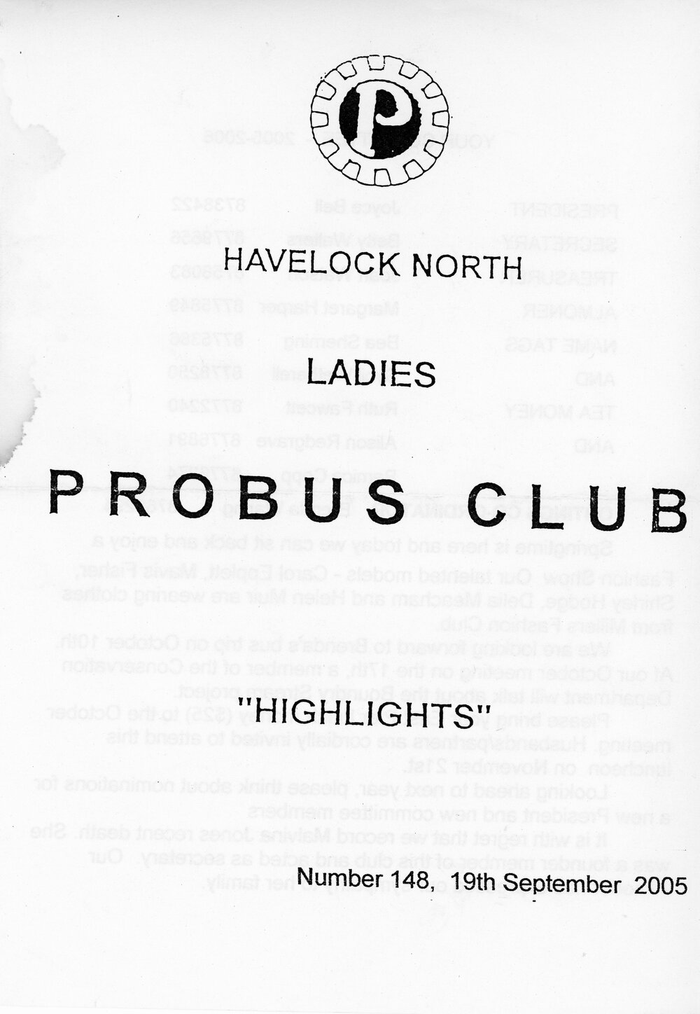 Ladies Probus Club of Havelock North "Highlights" Number 148. 19 September 2005