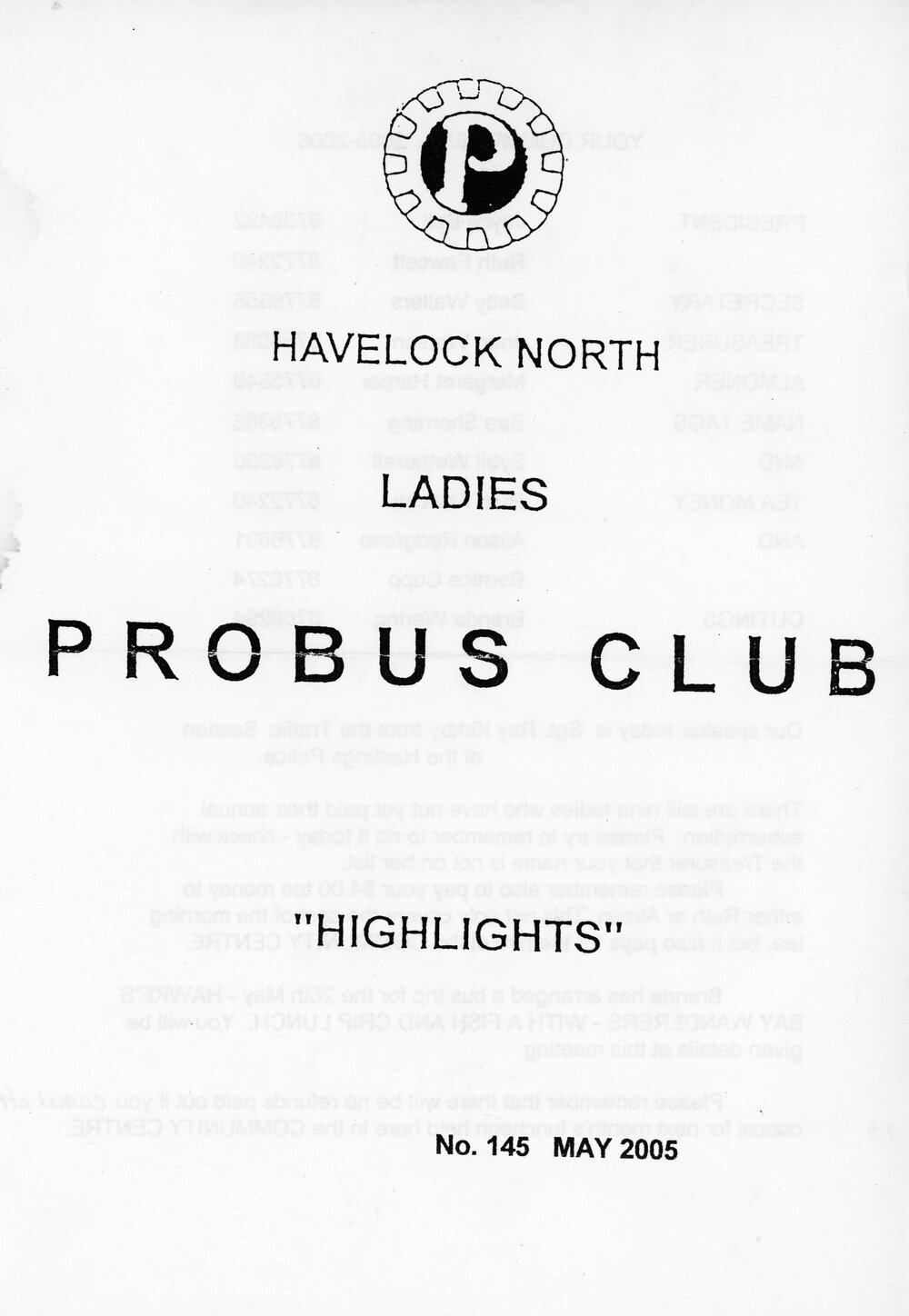 Ladies Probus Club of Havelock North "Highlights" Number 145. May 2005