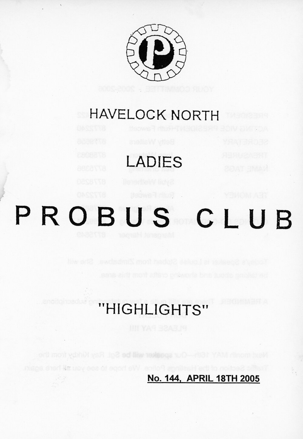 Ladies Probus Club of Havelock North "Highlights" Number 144. 18 April 2005