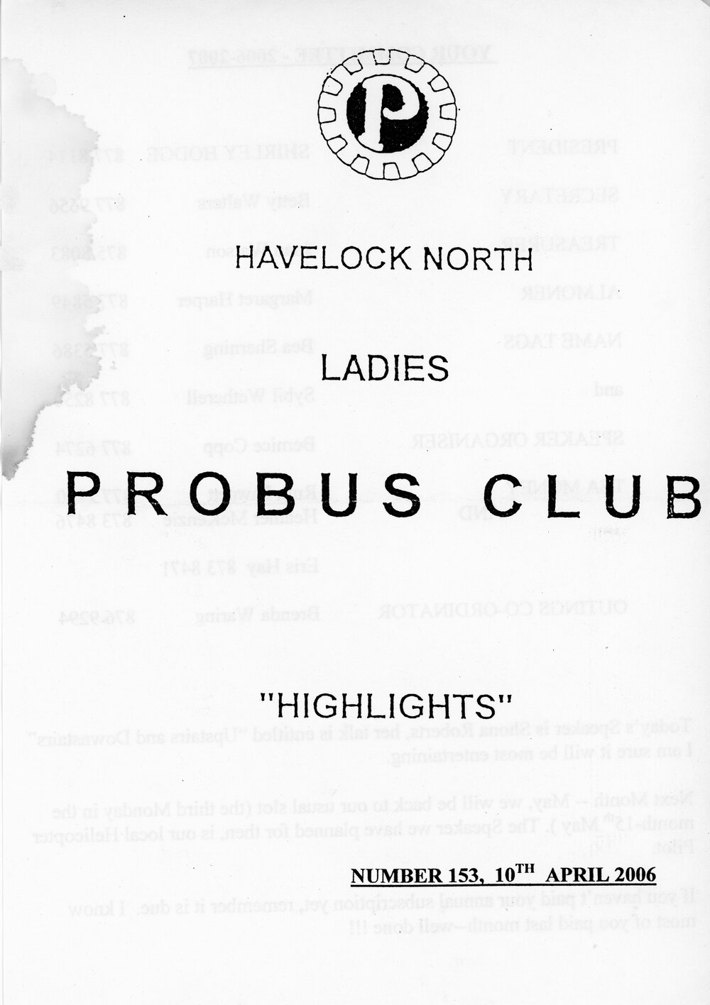 Ladies Probus Club of Havelock North "Highlights" Number 153. 10 April 2006