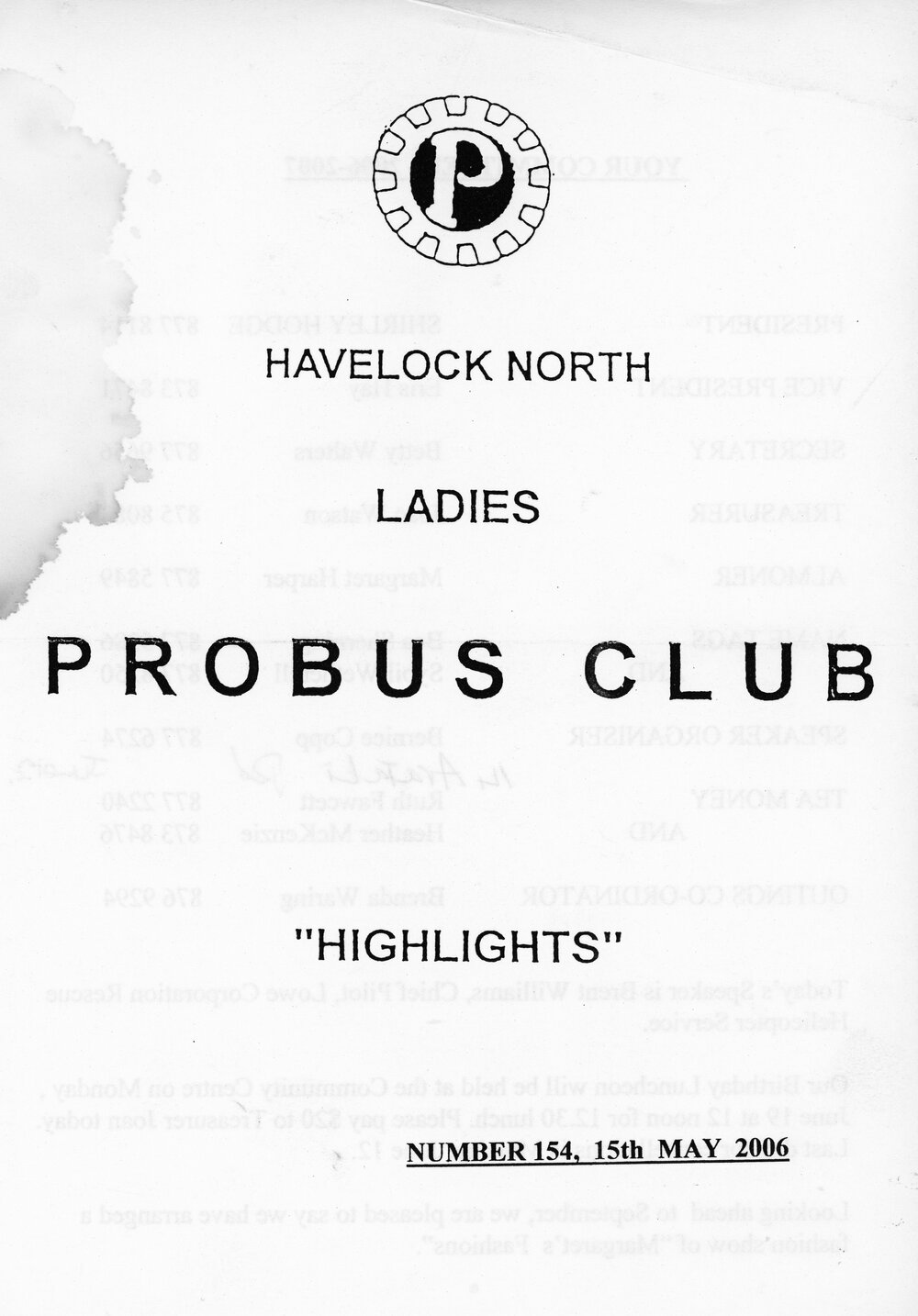 Ladies Probus Club of Havelock North "Highlights" Number 154. 15 May 2006
